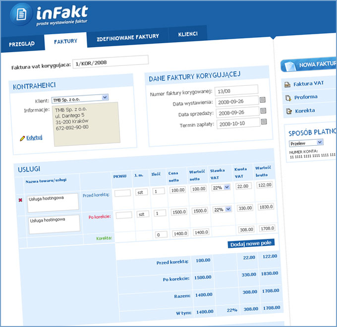 faktura korygująca formularz