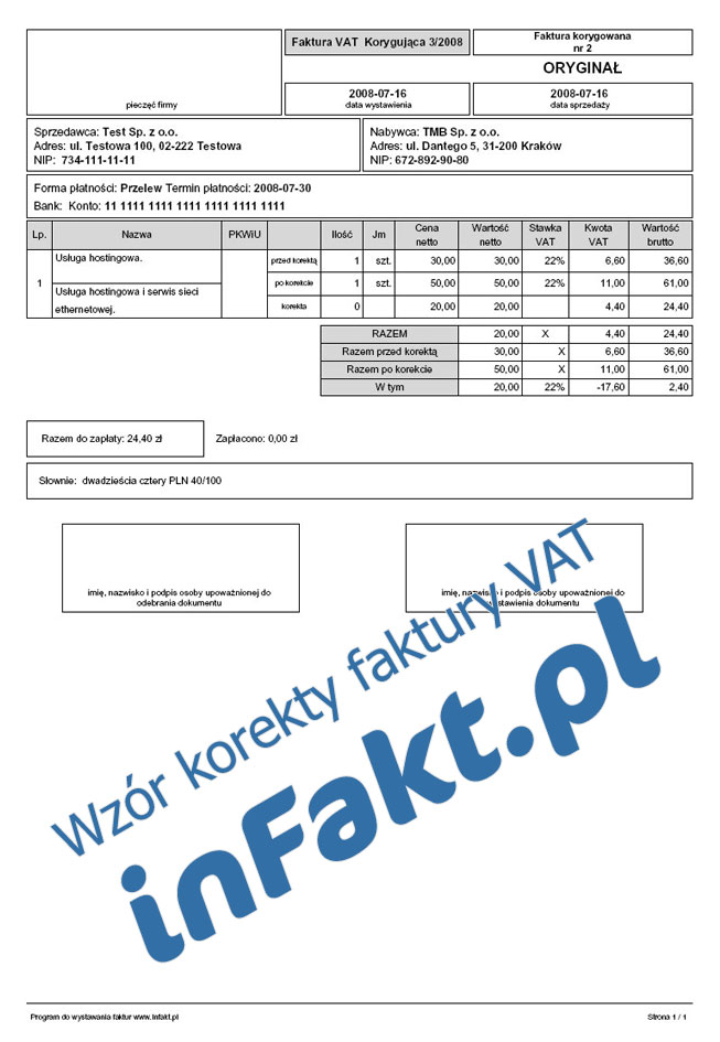 korekta wzór