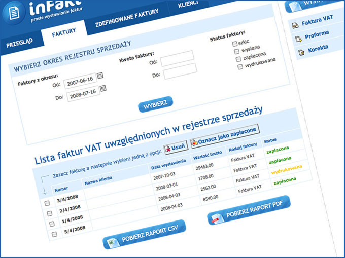 Miejsce generowania rejestru sprzedaży w Infakt.pl