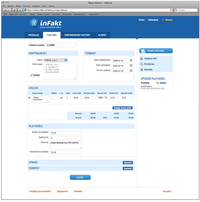 formularz faktury VAT w programie Infakt.pl formularz faktury VAT w programie Infakt.pl