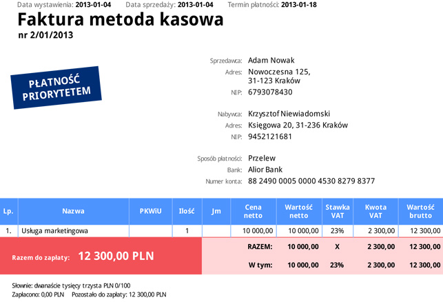 Faktura metoda kasowa