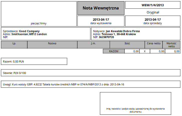 nota wewnetrzna infakt