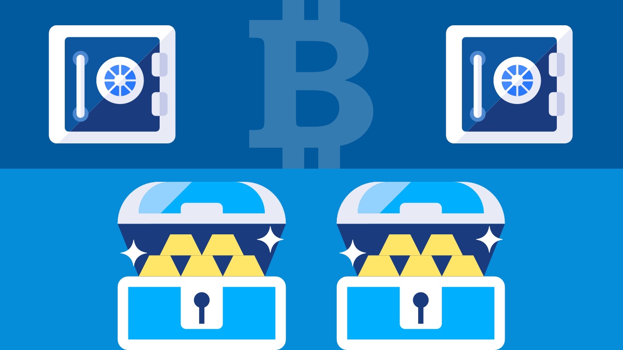 2 skrzynie pieniędzy i symbol bitcoina