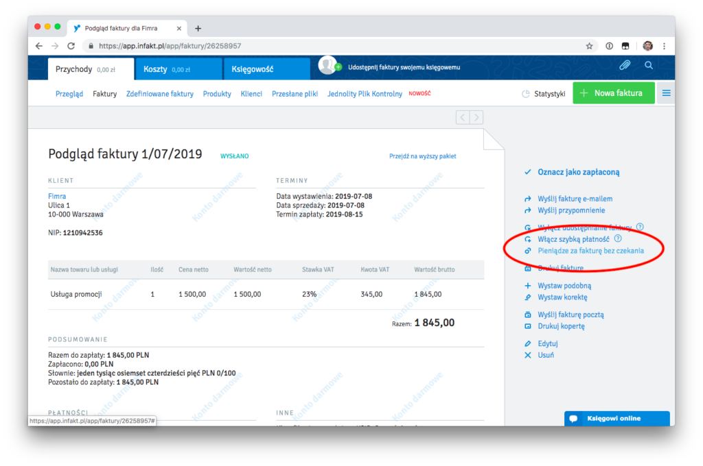 bądź „Włącz szybką płatność” bezpośrednio z widoku fakturY